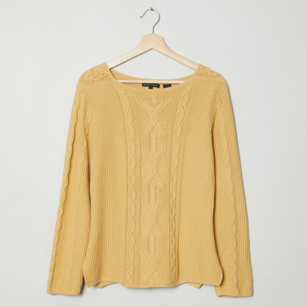 Vtg 90s Gold Cotton Cable Knit Sweater L